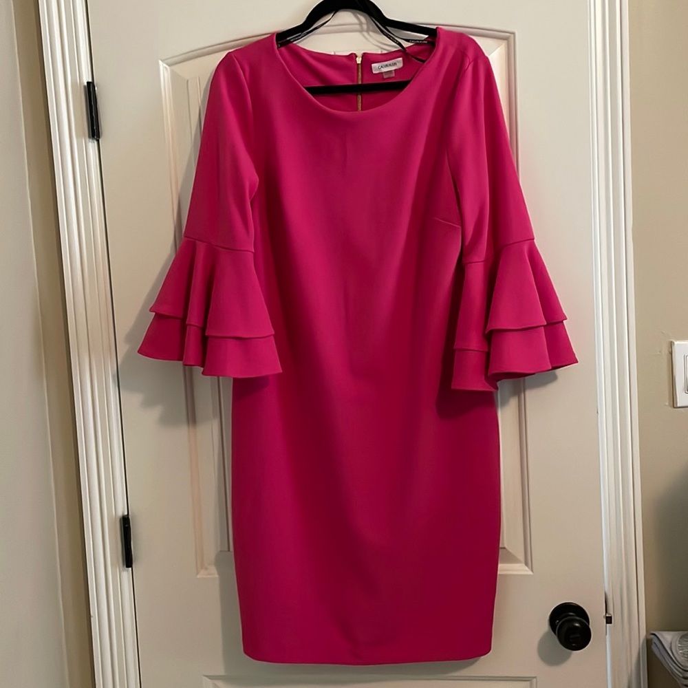 Calvin Klein exquisite midi fuchsia bell sleeve sheath dress.